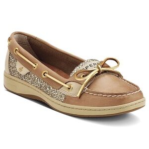 Sperry Tan Leather Boat Shoe with Gold Glitter Accents